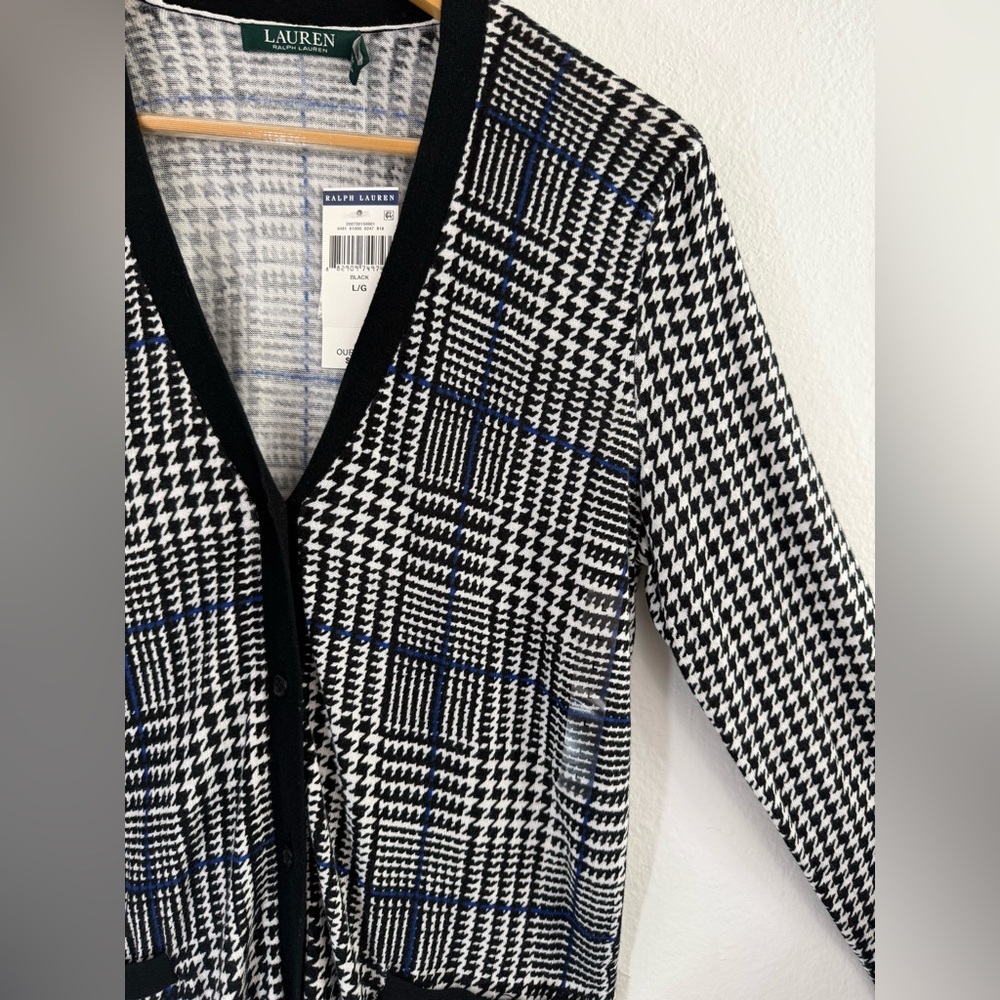 NWT Lauren Ralph Lauren Houndstooth Black White Blue Cardigan Women's Size L - Picture 3 of 7